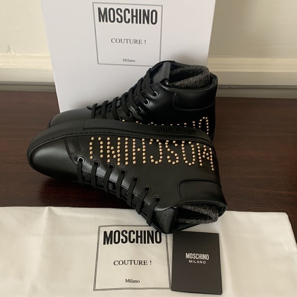 Moschino Women’s High Top logo studded leather black sneaker size 7, NIB - Picture 10 of 12
